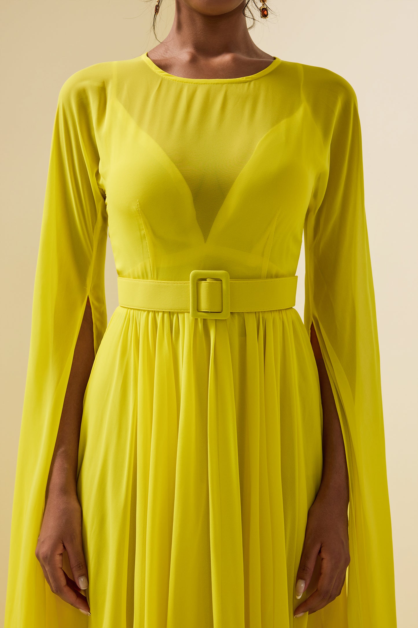 Mesh Cape Sleeve Midi Dress With Belt