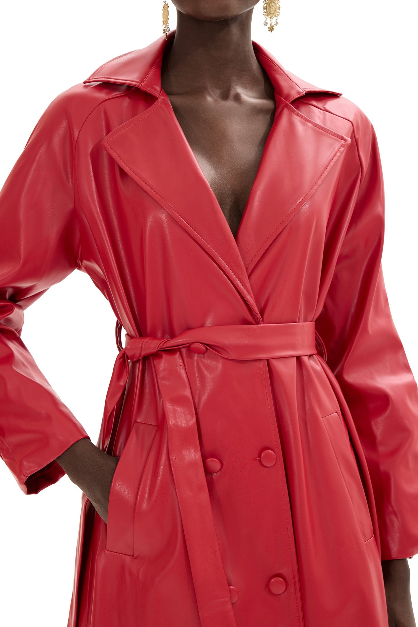 Pu Leather Double Breasted Midi Coat