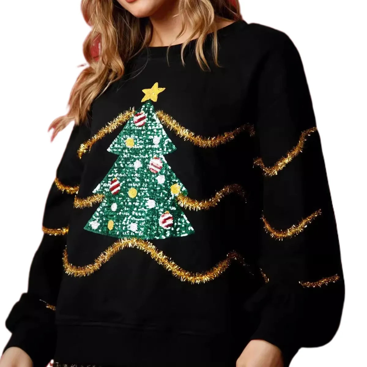 Christmas Sequins Stripes Long Sleeve Sweater