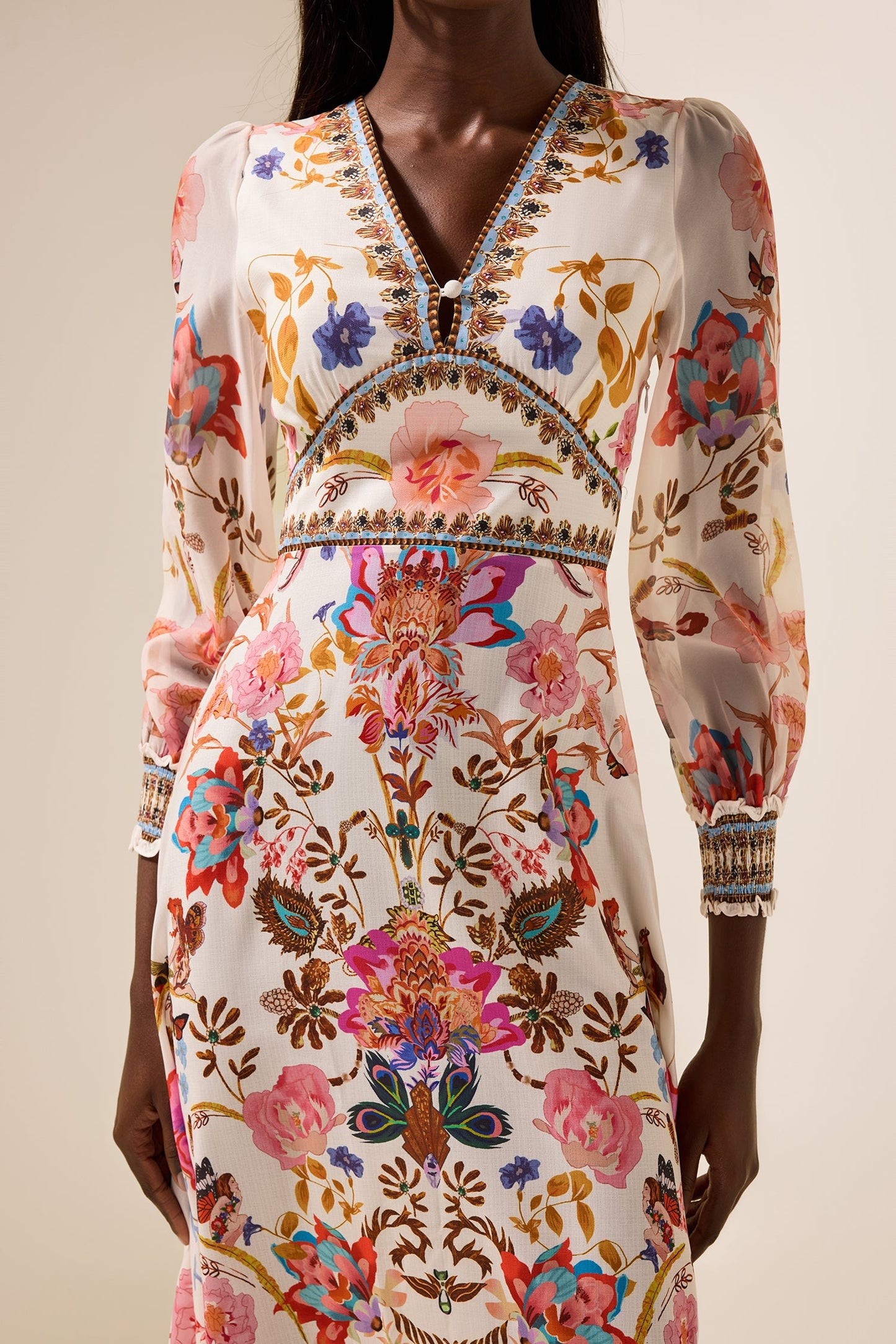 Lantern Sleeve V-neck Midi Dress