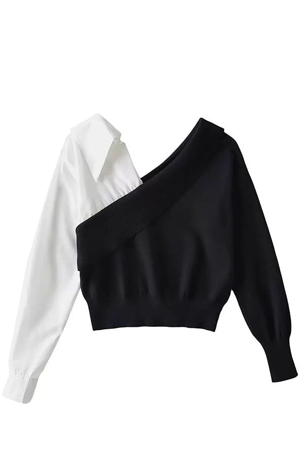 Stylish Patchwork Contrasting Long-sleeved V-neck Sweater