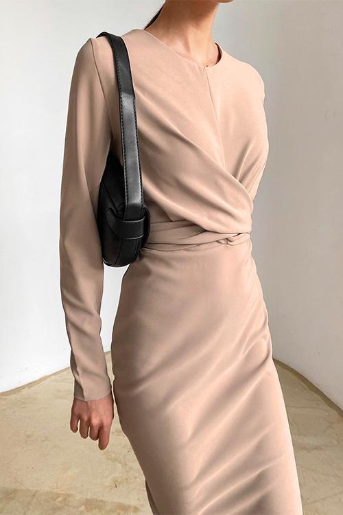 Moxidress Front Cross Slit Back Ruched Midi Dress