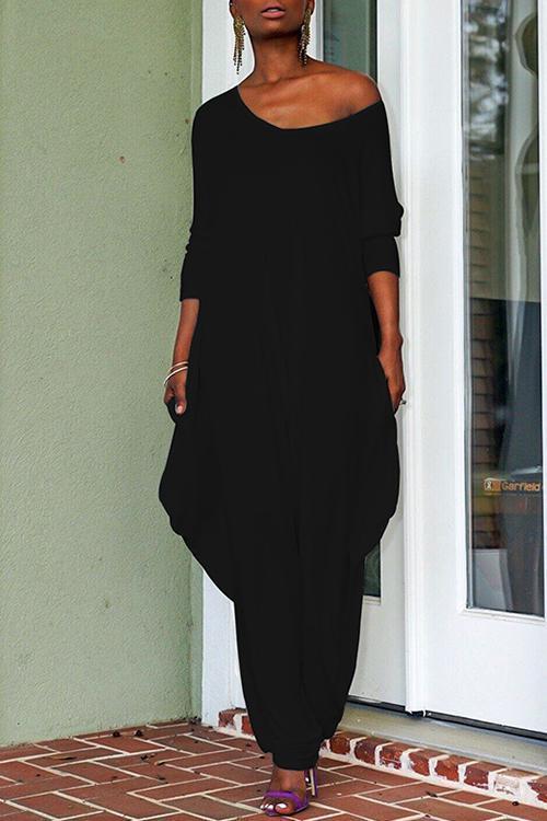 Crewneck Long Sleeve Draped Jumpsuit