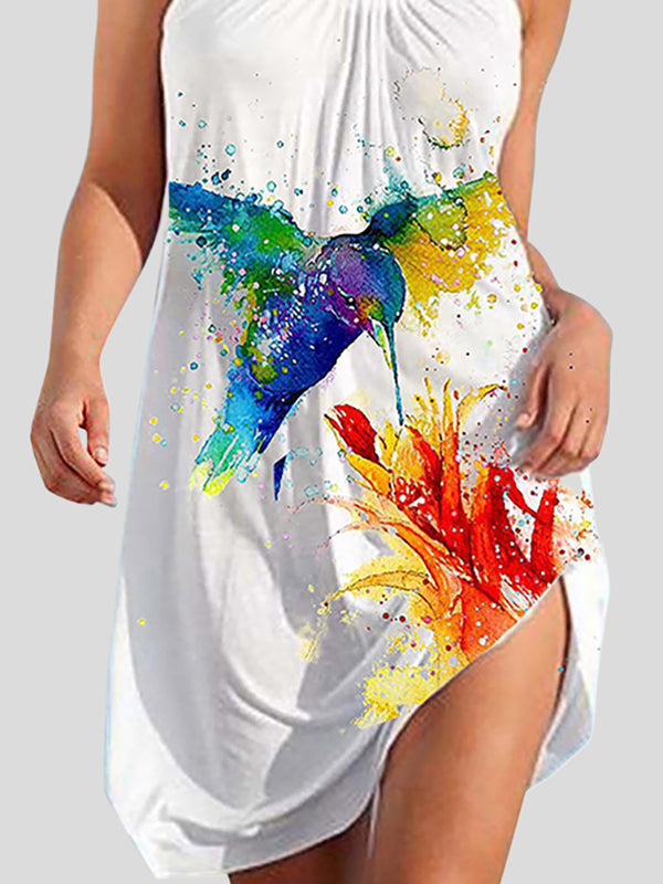A-line Loose Animal Printed Pleated Spaghetti-neck Mini Dresses