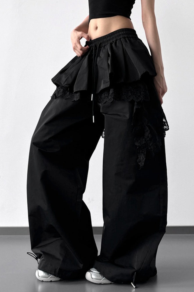 Lace Skirt Hem Trim Wide Leg Pants