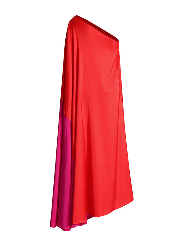 High Waisted Loose Asymmetric Contrast Color Split-joint One-shoulder Maxi Dresses