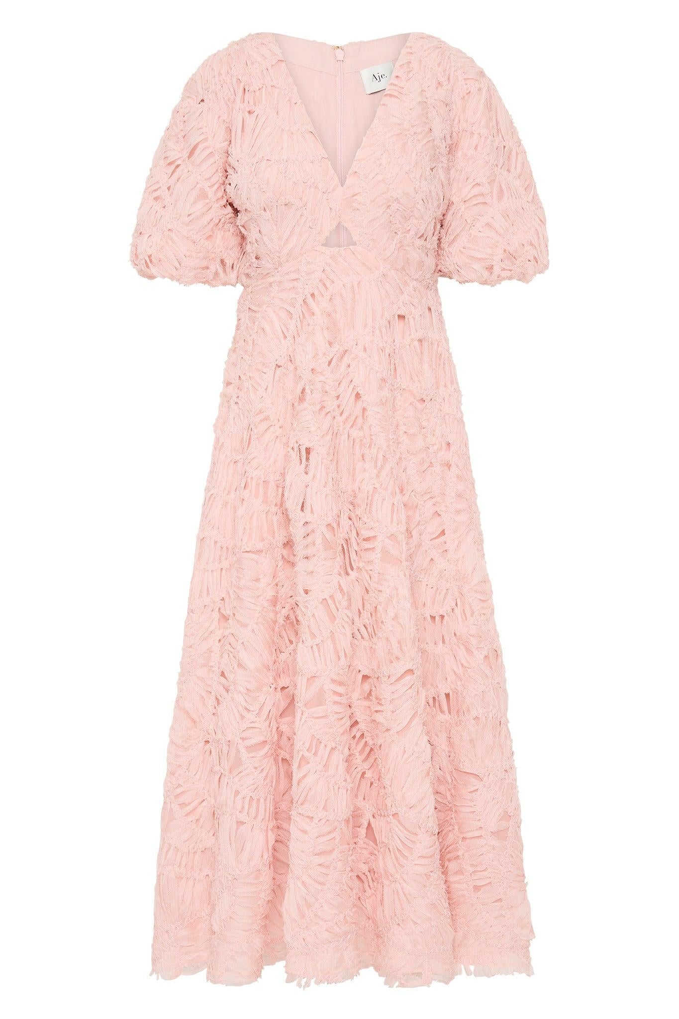 V-neck Puff Sleeve Cut-out Midi Dress