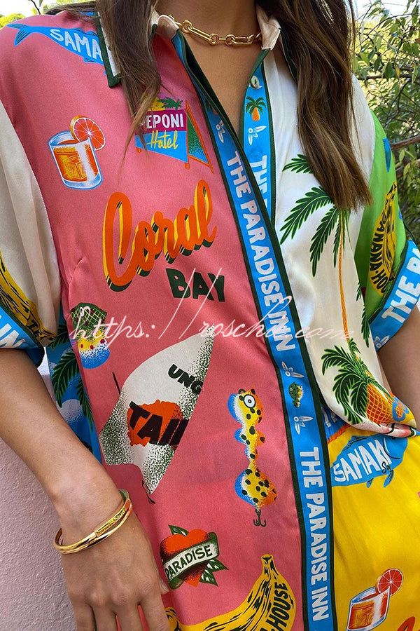 Kissed by the Sun Satin Unique Print Colorblock Button Down Oversized Blouse