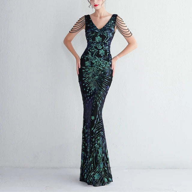 V-neck Sleeveless Dress With Stones and Crystals Sequins Tassel Party Dresses High Waisted Long Dress
