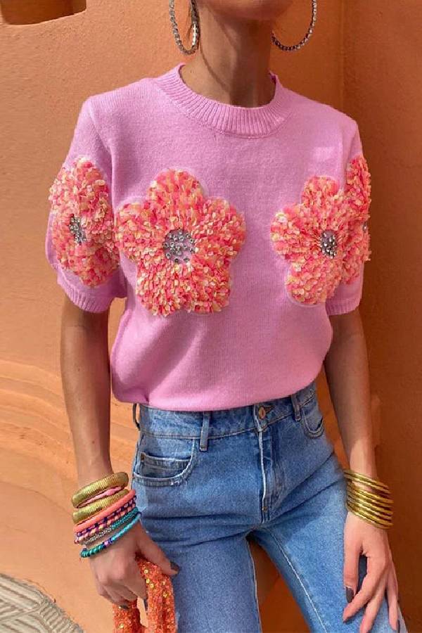 Crewneck Short Sleeves 3d Flower Sweater Top