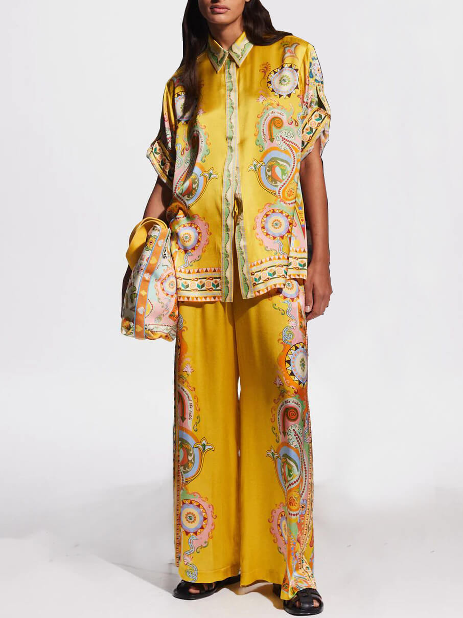 Exquisite Satin Unique Cashew Flower Print Loose Wide-leg Pants