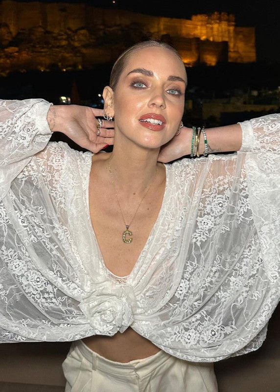 Celestia - Sheer Lace Cropped Blouse With Front Tie