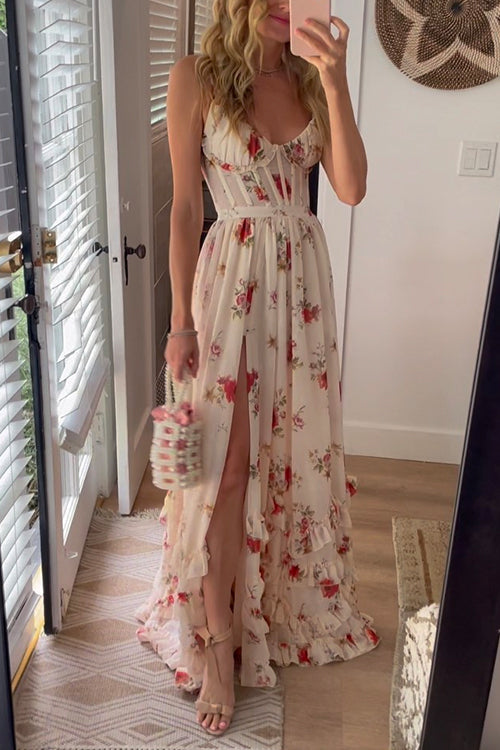 Spaghetti Strap Ruffle Layered Slit Dainty Maxi Dress