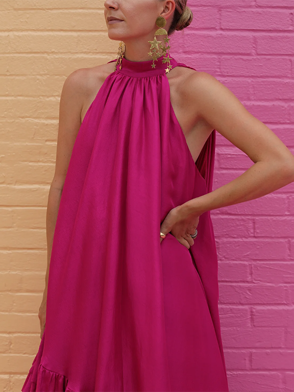 Loose Sleeveless Falbala Color Stand Collar Maxi Dresses