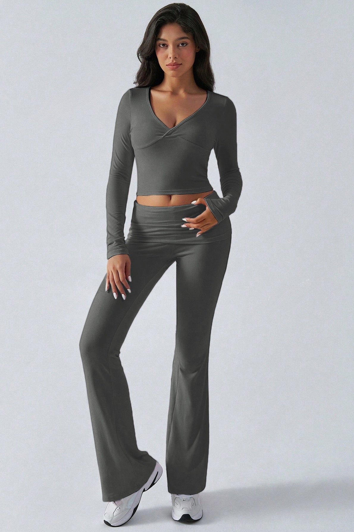 V Neck Flared Stretch Two Piece Pants Set