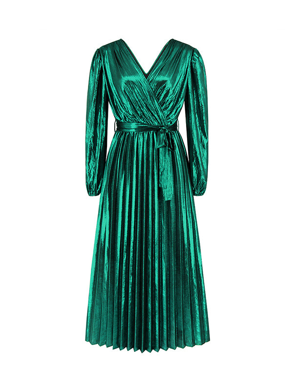 High Waisted Long Sleeves Bronzing Elasticity Pleated Color Tied Waist Deep V-neck Maxi Dresses