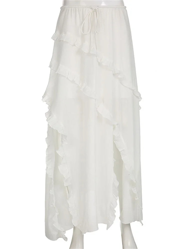 White Ruffled Patchwork Long Skirt See-through for Split Summer Beach Holiday Maxi Skirt ’s Y2k Skirt