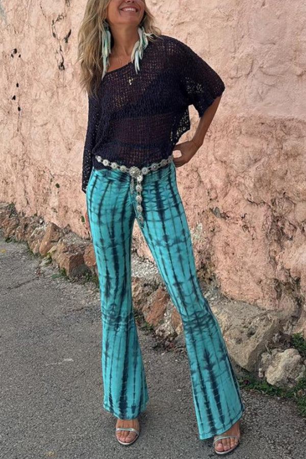Fashionable Tie Dye Printed Pleated Lace Up Waist Elastic Street Bell Bottom Pants