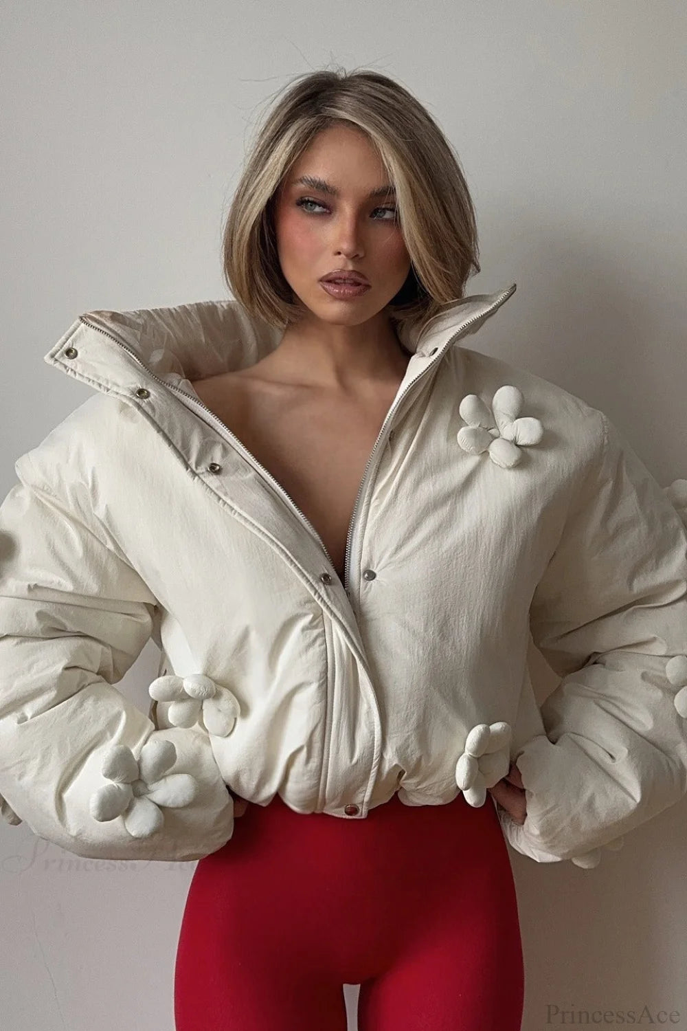 3d Ruffled Hood Cropped Padded Coat