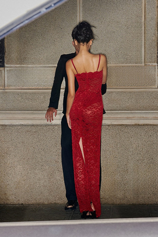 Red Lace Strapless Cami Bodycon Maxi Dress