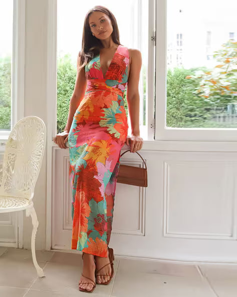 Clara'sholiday V-neck Printlace-up Maxi Dress