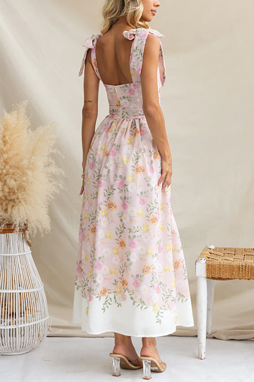 Adjustable Tie Straps Waisted Print Maxi Dress