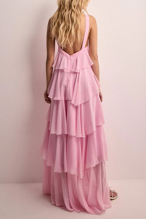 Sleeveless Open Back Ruffle Layered Maxi Dress