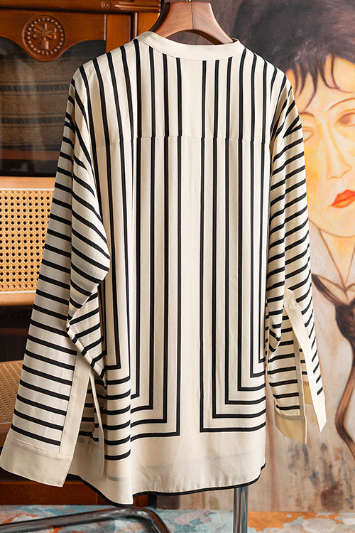 Button Up Long Sleeves Striped Silk Scarf Blouse
