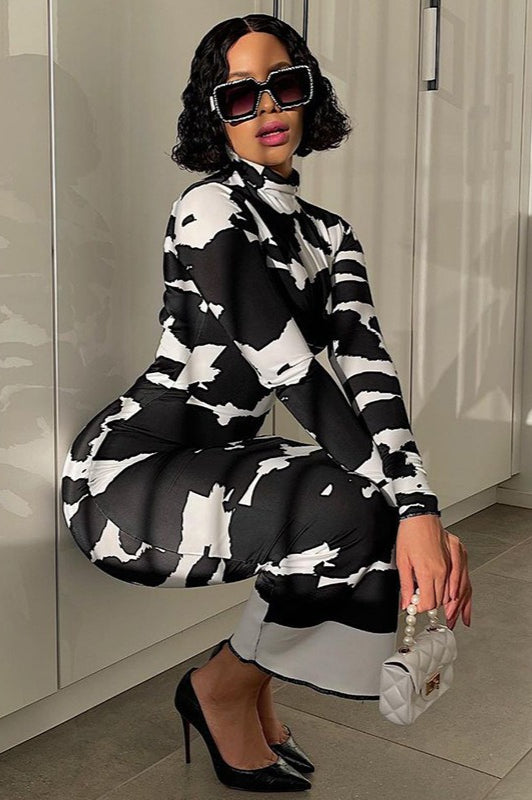 Print High Neck Long Sleeve Bodycon Maxi Dress