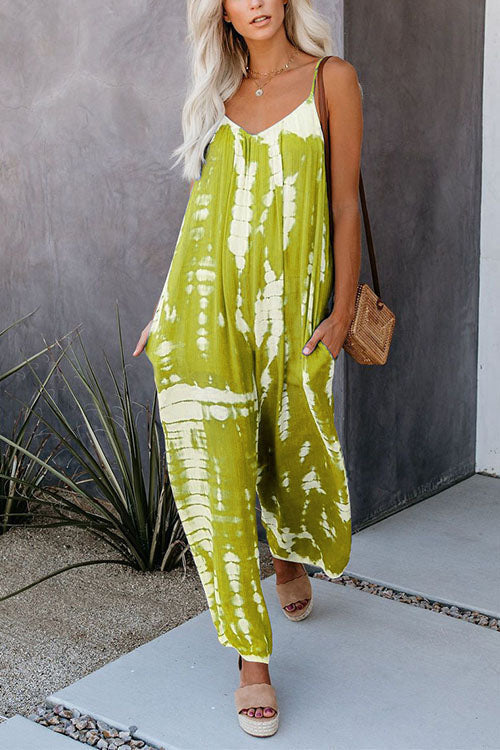 Scoop Neck Pocketed Tie Dye Wide Leg Cami Jumpsuit