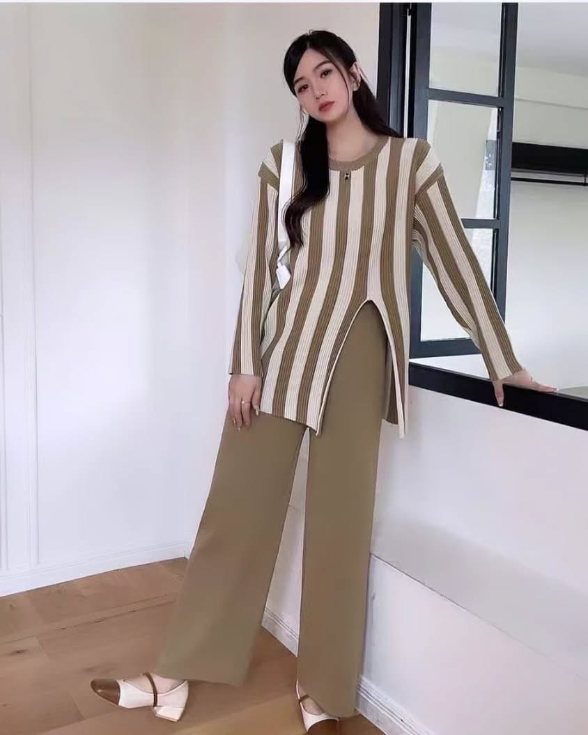 Camel - Striped Split Hem Two Piece Set