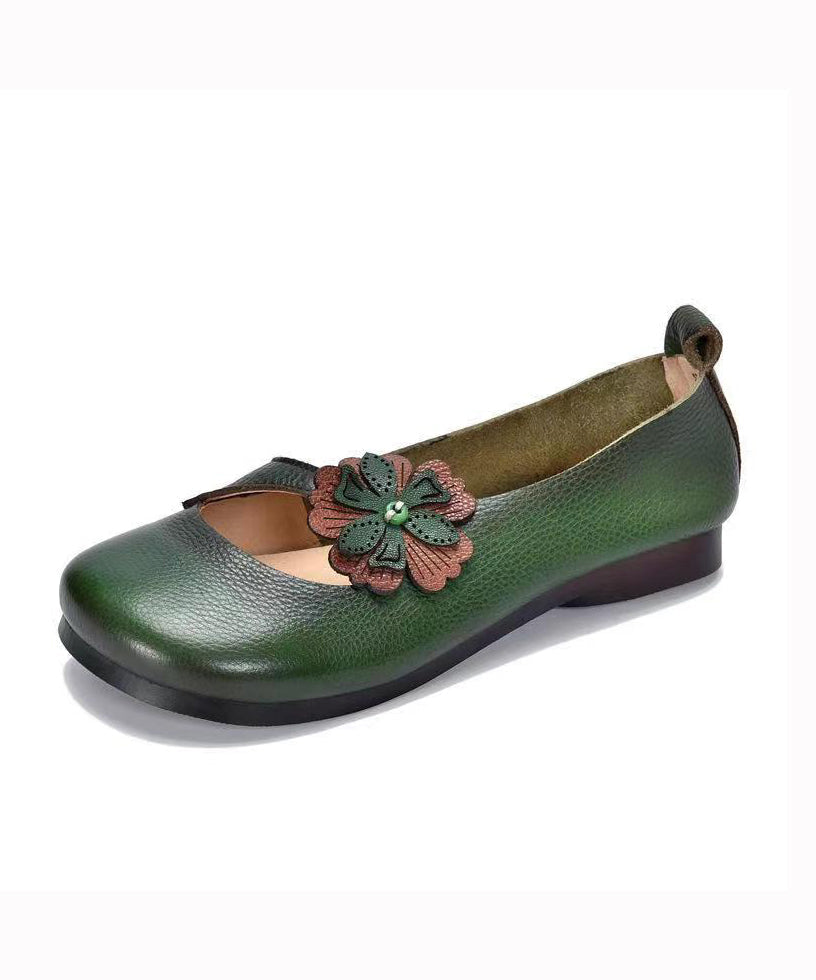Comfortable Cowhide Leather Splicing Green Flat Shoes for