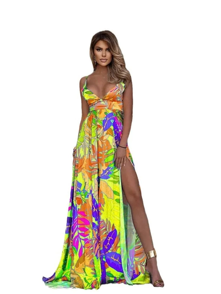Color Print Spaghetti Strap Long Dresses Deep V-neck Backless Slit Dress Beach Vacation Maxi Vestido