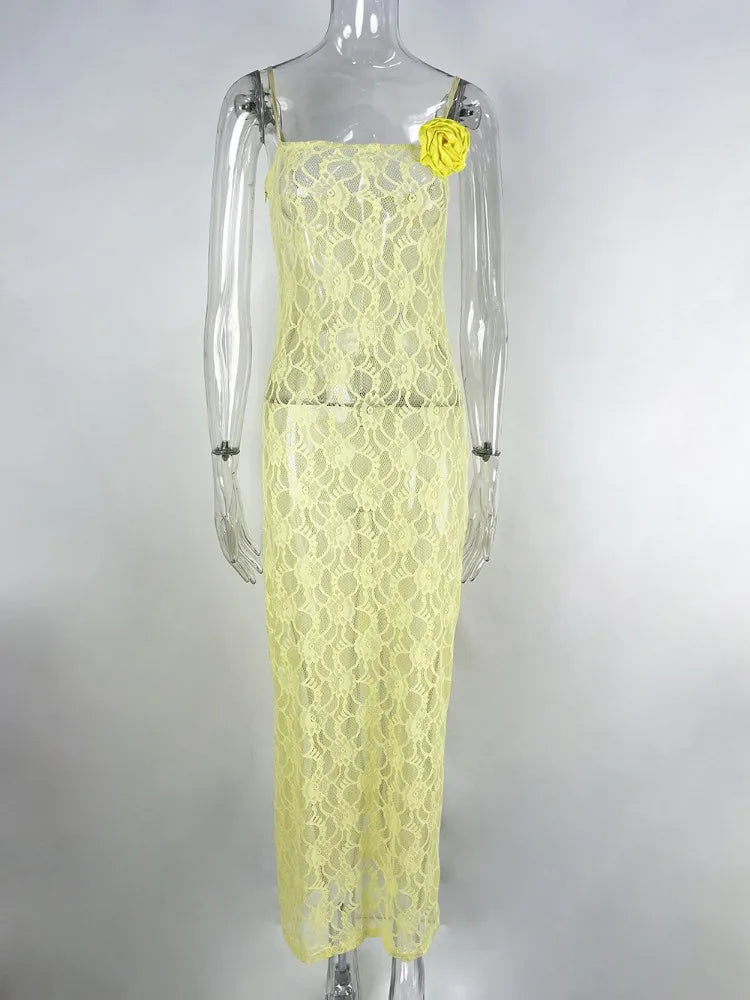 Yellow Printed See-through Maxi Dress Female Backless Slim High Waist Halter Dresses Bandage Spaghetti Dress