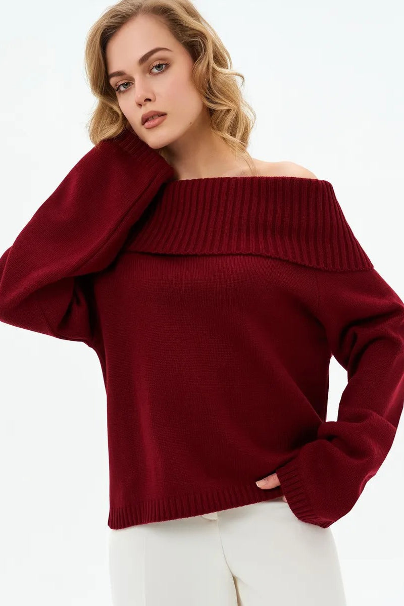 Color Off Shoulder Knitted Sweater