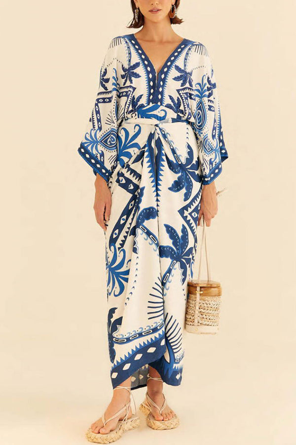Palm Tree Print Fake Two Piece Lace Up Maxi Dress