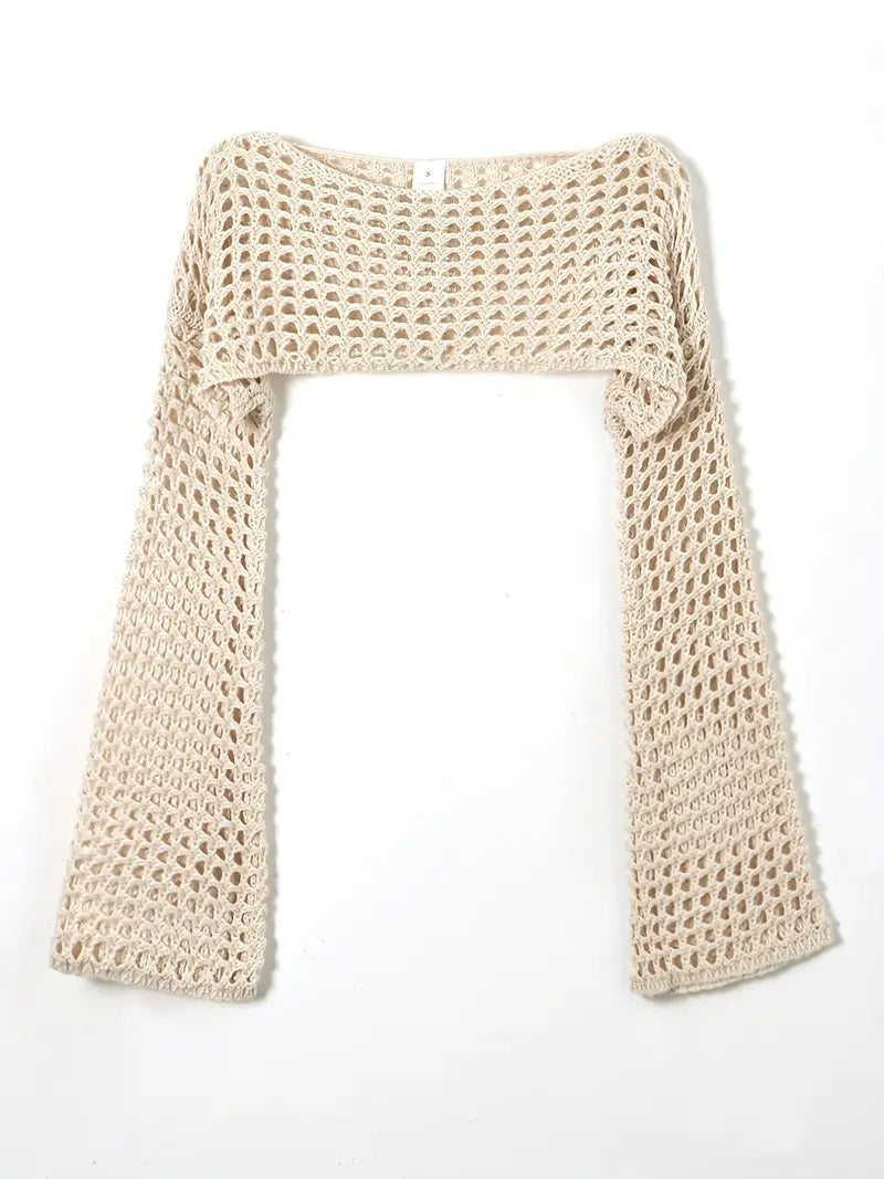 Y2k Crochet Cropped Flared Sleeve Knit Sweater