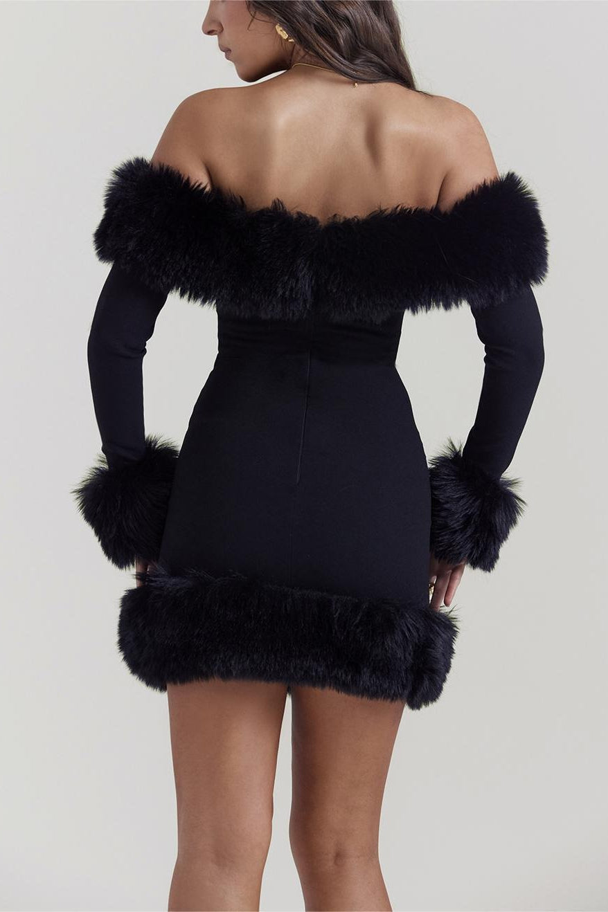 Fuzzy Panel Off-the-shoulder Waist-cinched Bodycon Mini Dress