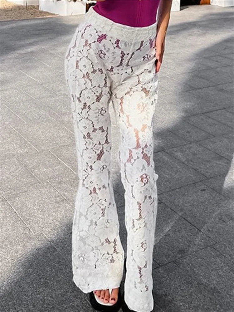 White Printed High Waist Straight Legg Patchwork Hollow Out Lace Pants Summer