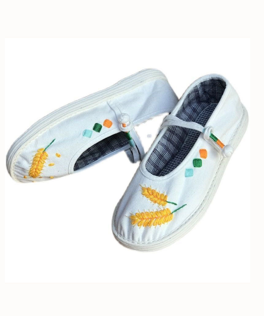 White Embroidery Cotton Fabric Splicing Buckle Strap Flat Shoes for