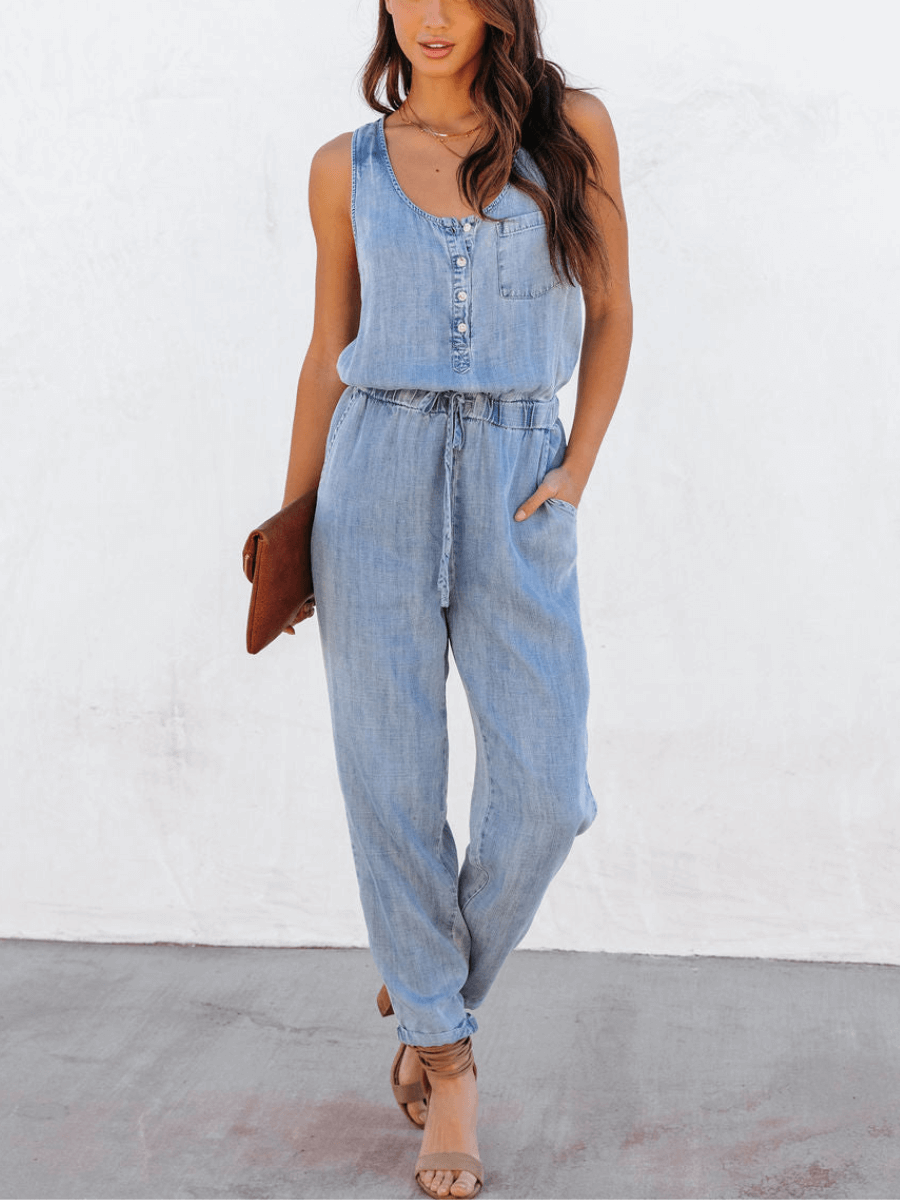 Courtney Pocketed Sleeveless Denim Jumpsuit - Blue