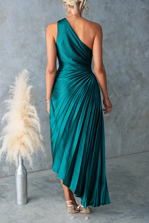 Moxidress One Shoulder Cut Out Waist Pleated Satin Maxi Dress