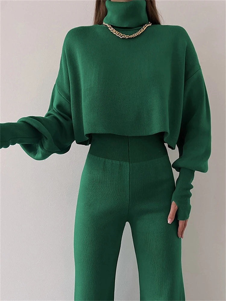 Turtleneck Two Piece Outfits for Lantern Sleeve Cropped Top and Straight Leg Pants Sets Tracksuit Outfits