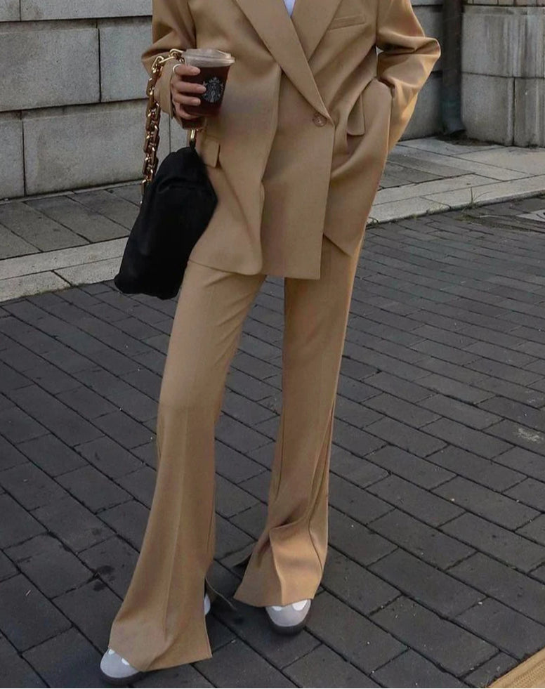 Khaki Long Sleeve Slit Pants Office Two Piece Set