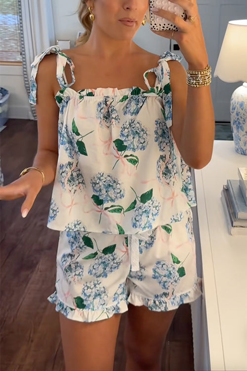 Print Bow Shoulder Cami Top and Ruffle Shorts Pajama Set