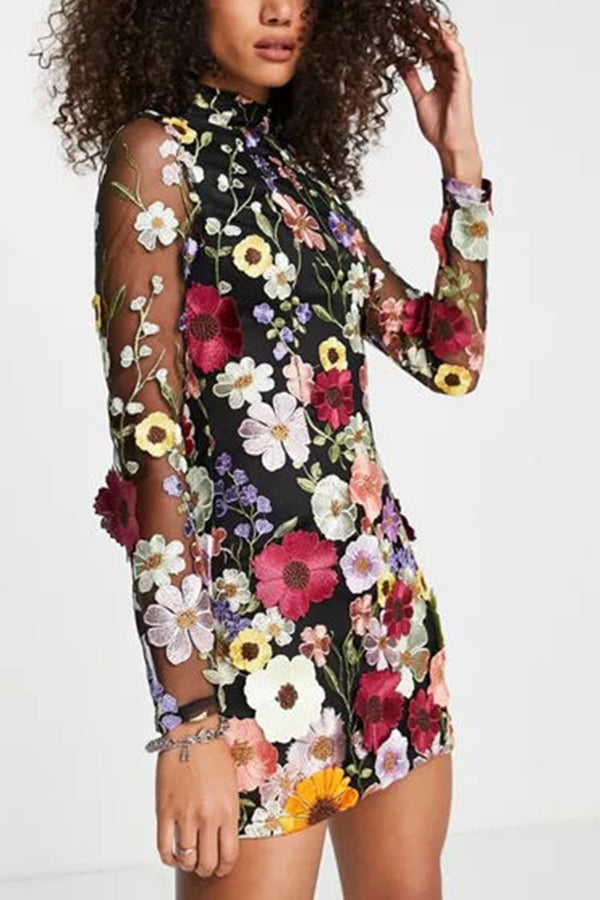 Elegantly Enchanted Applique Backless Long Sleeve Mini Dress