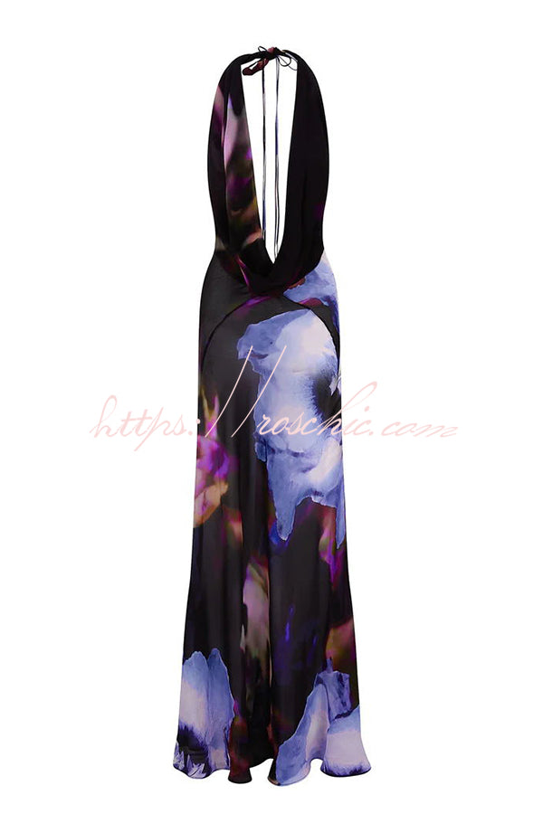 Bold and Tie-dye Abstract Halter Drape Neck Backless Maxi Dress