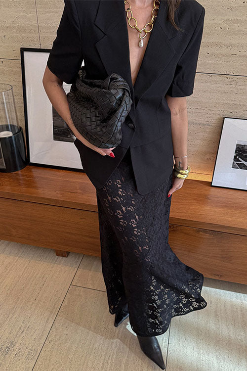 Moxidress Elastic Waistband Lace Hollow Out Maxi Skirt
