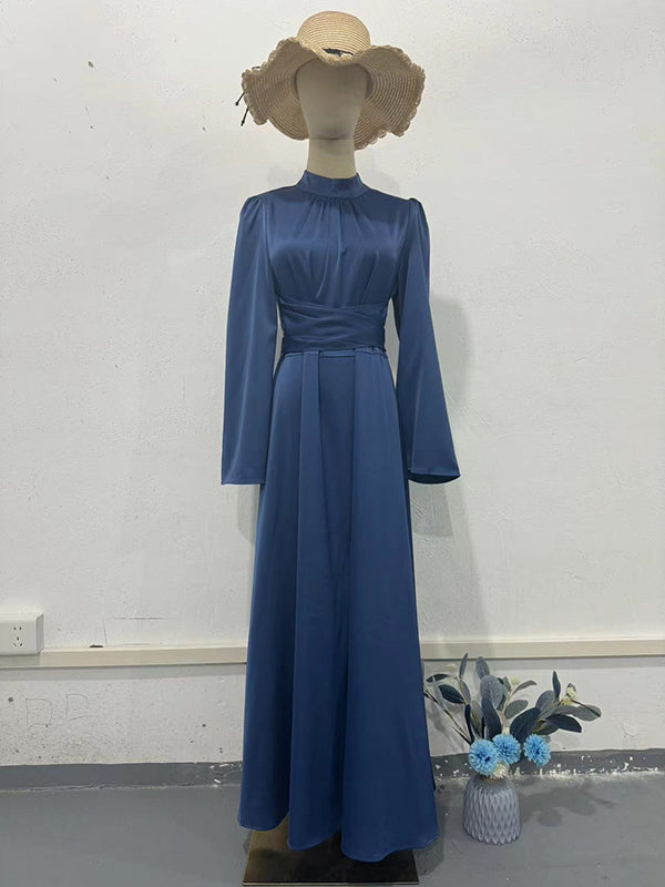 Long Sleeves Loose Pleated Color Tied Waist Mock Neck Maxi Dresses