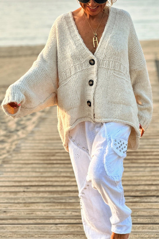 Color Loose Long Sleeve V-neck Pocket Knitted Sweater Cardigan